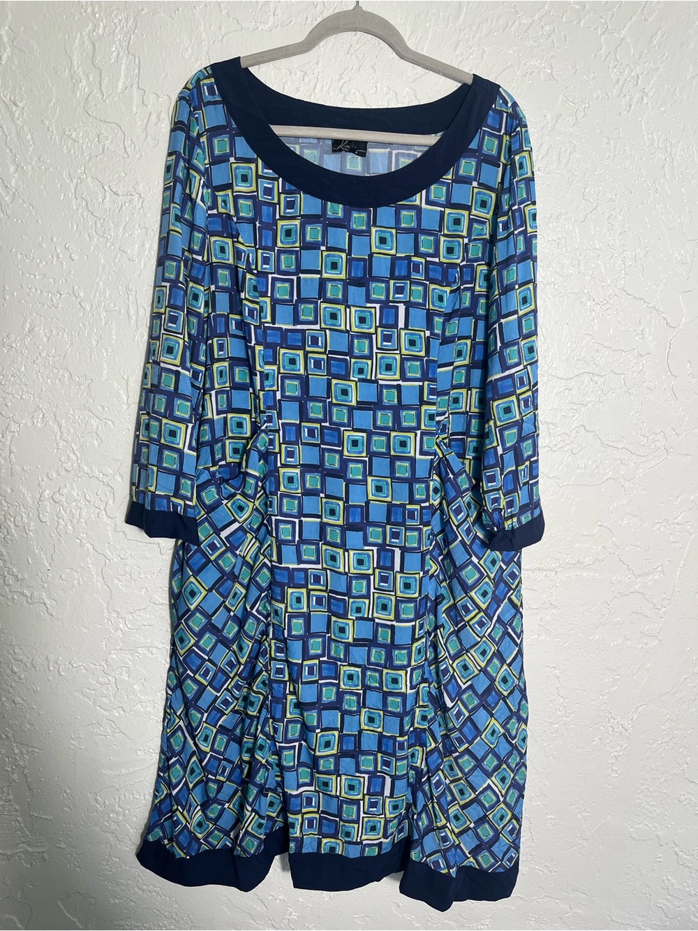 Olivia By Habitat Large Blue Geometric Shift Dress Pockets 3/4 Sleeve L